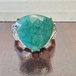 Emerald And Diamond 14K Gold Over 925 Ring. 6.85 CTW Trillion Cut.